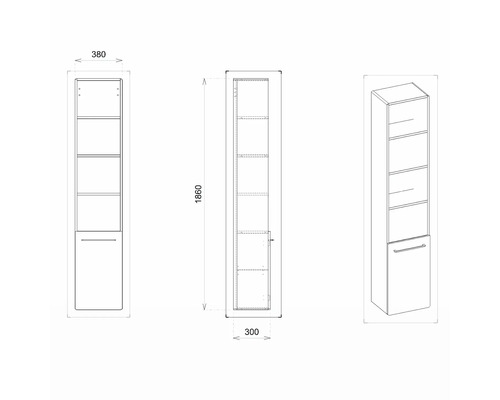 Technische Zeichnung eines Badezimmer Hochschranks mit den Maßen 380 x 300 x 1860 mm.