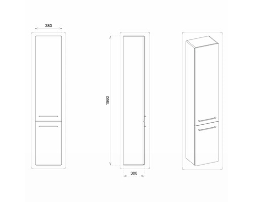 Technische Zeichnung eines Hochschranks mit den Maßen 380 x 1860 x 300 mm.