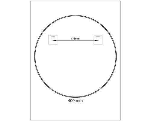 Technische Zeichnung eines runden Spiegels mit den Maßen 400 Millimeter Durchmesser und 138 Millimeter Abstand zwischen den Aufhängungen.