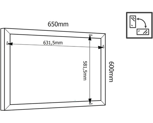 Technische Zeichnung eines Spiegels mit den Maßen 650 mm Breite und 600 mm Höhe.
