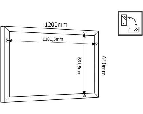 Maße einer rechteckigen Spiegelfläche mit einer Breite von 1200 Millimeter und einer Höhe von 650 Millimeter.