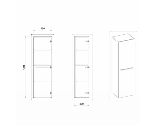 Technische Zeichnung eines Badezimmer Hochschranks mit Abmessungen