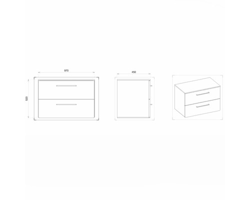 Zeichnung eines Waschtischunterschranks mit zwei Schubladen und Maßangaben.
