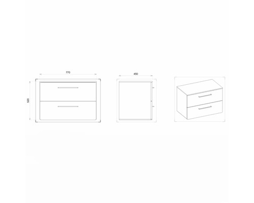 Technische Zeichnung eines Waschtischunterschranks mit zwei Schubladen und Maßangaben