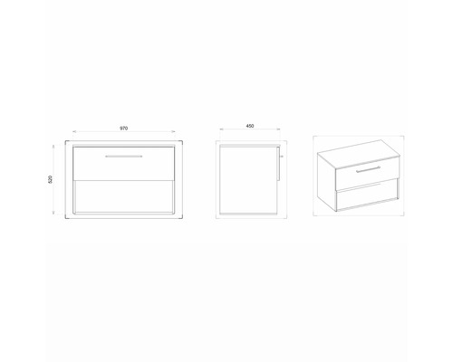 Zeichnung eines Waschtischunterschranks mit Abmessungen