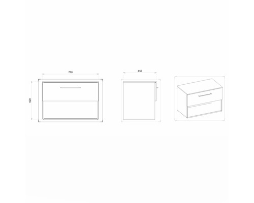 Technische Zeichnung eines Waschtischunterschranks mit Schubladen und Maßangaben