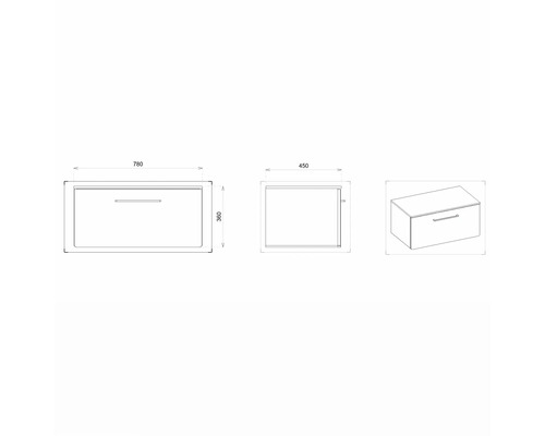 Technische Zeichnung eines Waschtischunterschranks mit Maßangaben.