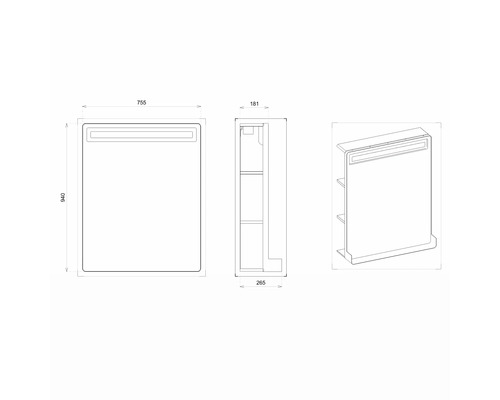Technische Zeichnung eines Spiegelschranks mit den Maßen 755 x 940 x 181 mm