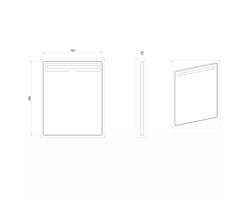 Technische Zeichnung eines Spiegels mit Beleuchtung und Maßangaben