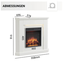 Abmessungen eines weißen Eck-Elektrokamins mit simuliertem Feuer