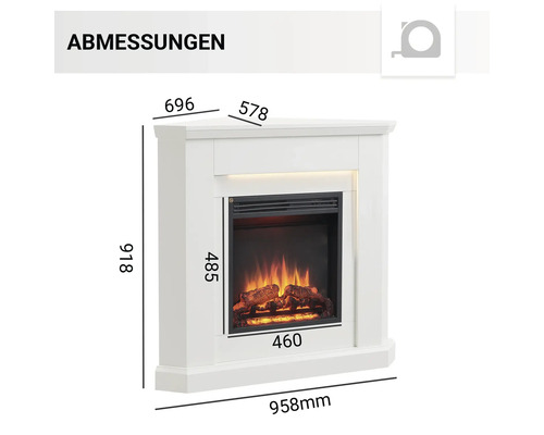 Abmessungen eines weißen Eck-Elektrokamins mit simuliertem Feuer