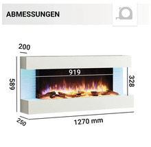 Abbildung der Abmessungen eines Elektrokamins mit den Maßen: 1270 mm breit, 589 mm hoch und 250 mm tief.