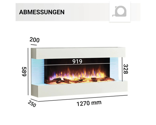 Abbildung der Abmessungen eines Elektrokamins mit den Maßen: 1270 mm breit, 589 mm hoch und 250 mm tief.