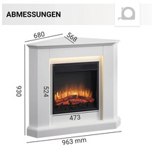 Abmessungen eines weißen Eckkamins mit elektrischem Einsatz