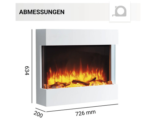 Abmessungen des Elektrokamins in Weiß mit den Maßen 634 x 726 x 200 Millimeter