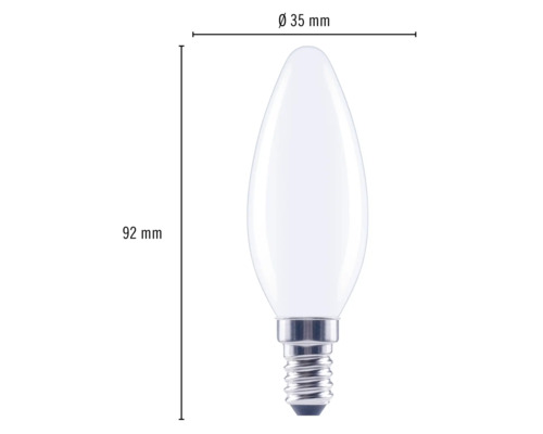 Kerzenlampe mit E14-Sockel und den Maßen 92 mm x 35 mm