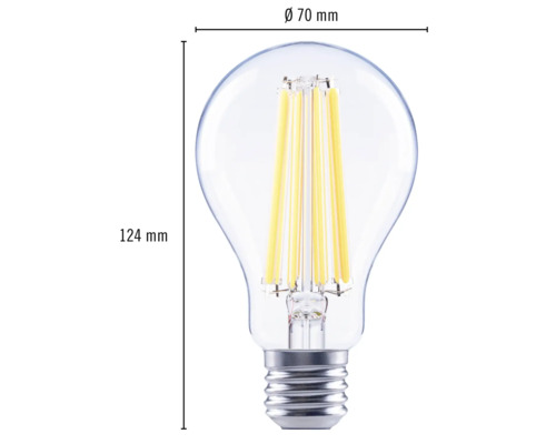 Klare LED Lampe mit einer Höhe von 124 Millimeter und einem Durchmesser von 70 Millimeter.