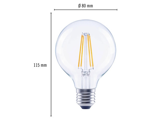 Globeförmige Lampe mit E27 Sockel und den Massen 115 mm Höhe und 80 mm Durchmesser.