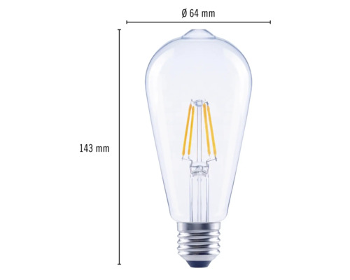 Abbildung einer LED Lampe mit den Maßen 64 Millimeter Durchmesser und 143 Millimeter Höhe.