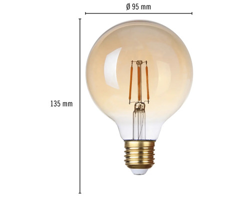 Dekorative Filament Leuchte mit den Maßen 95 mm Durchmesser und 135 mm Höhe