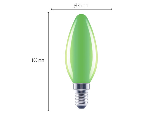 Grüne 100 Millimeter LED Lampe mit E14 Fassung und 35 Millimeter Durchmesser