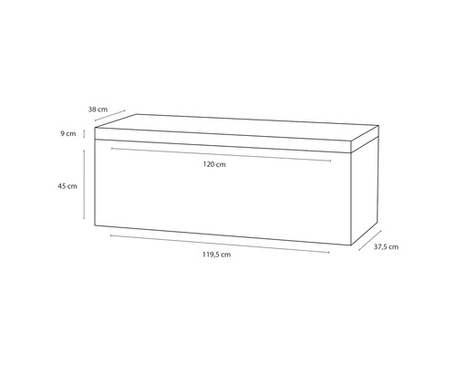 Technische Zeichnung einer Truhe mit Maßangaben