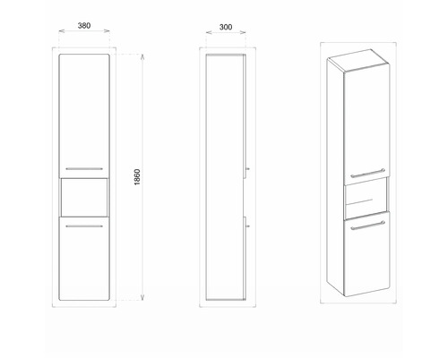 Zeichnung eines Badezimmer-Hochschranks mit den Maßen 1860 x 380 x 300 Millimeter.