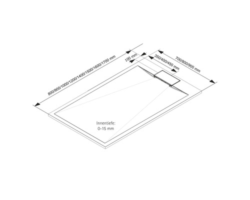 Technische Zeichnung einer Duschwanne mit Maßangaben