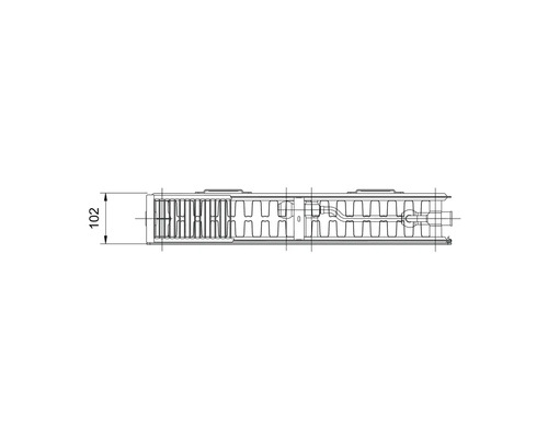 Planheizkörper Rotheigner Typ DK 600x1600 mm 8 fach mit Befestigungslaschen Technische Zeichnung des Heizkörpers mit Maßangabe 102 mm