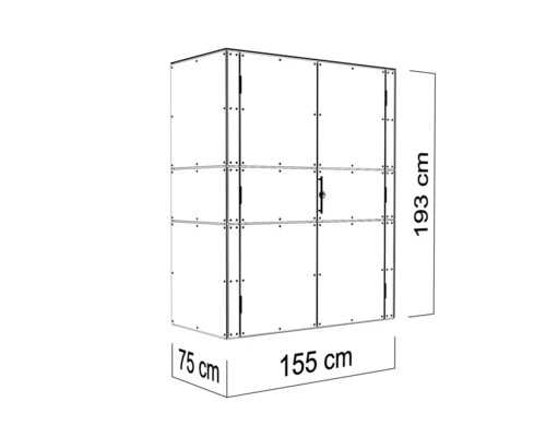 Abbildung eines Schranks mit den Maßen 193 x 155 x 75 Zentimeter.