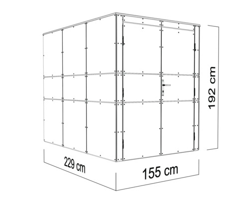 Abbildung eines Gartenhauses mit den Maßen 229 cm mal 155 cm mal 192 cm