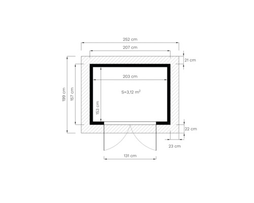 Grundriss mit Maßangaben in Zentimetern und Flächenangabe in Quadratmetern