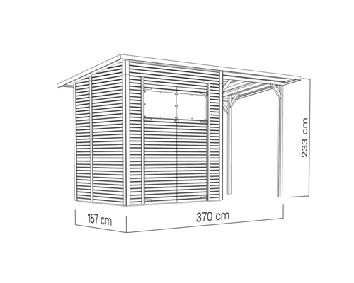 Skizze eines Gerätehauses mit Vordach und Maßangaben