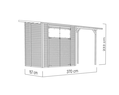 Illustration eines Gerätehauses mit den Maßen 157 mal 370 mal 233 Zentimeter
