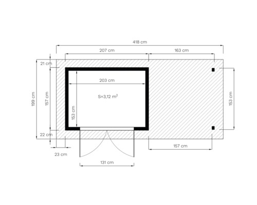 Grundrisszeichnung mit Maßen für ein Gartenhaus
