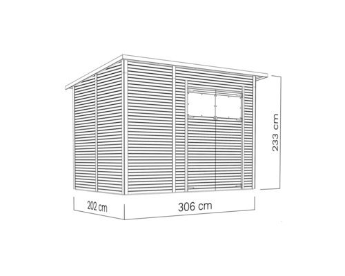 Abbildung eines Gartenhauses mit Maßangaben 306 x 202 x 233 cm.