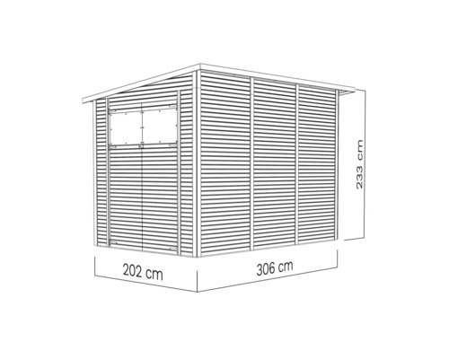 Illustration eines Gartenhauses mit den Maßen 202 cm Breite, 306 cm Länge und 233 cm Höhe