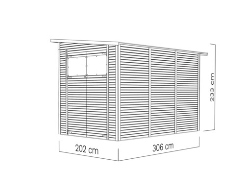 Illustration eines Gerätehauses mit den Maßen 202 Zentimeter mal 306 Zentimeter mal 233 Zentimeter.