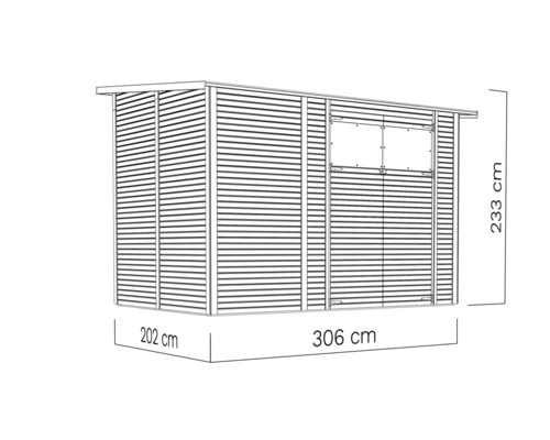 Illustration eines Gerätehauses mit den Maßen 306 cm Länge, 202 cm Breite und 233 cm Höhe