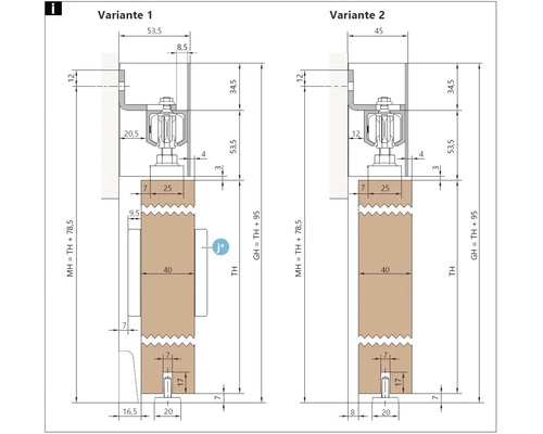Technische Zeichnung von zwei Varianten eines Möbelscharniers mit Maßangaben