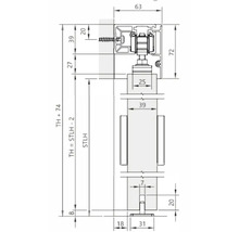Technische Zeichnung eines Schiebetürbeschlags mit Maßangaben