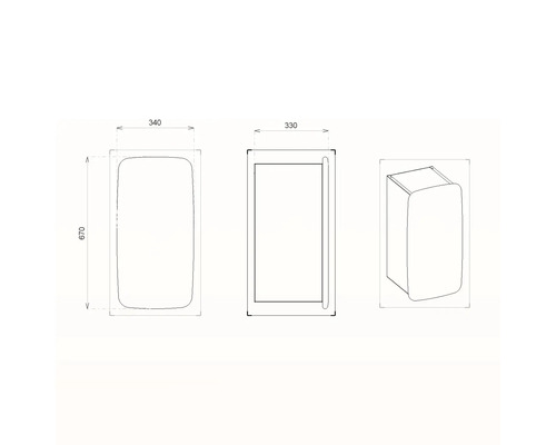 Technische Zeichnung eines Badezimmer-Hängeschranks mit den Maßen 340 x 670 x 330 Millimeter.