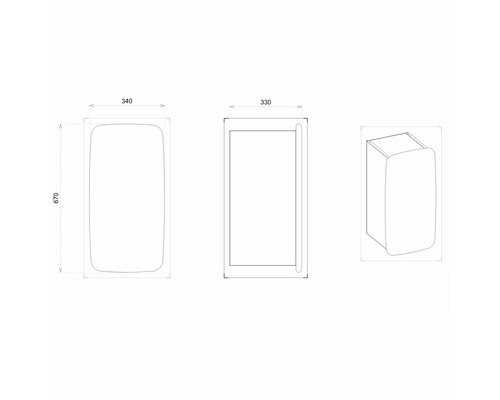 Technische Zeichnung eines Badezimmerschranks mit Maßangaben.