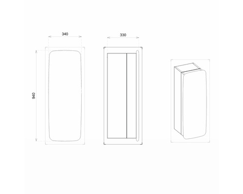 Technische Zeichnung eines Badezimmerschranks mit Maßen.