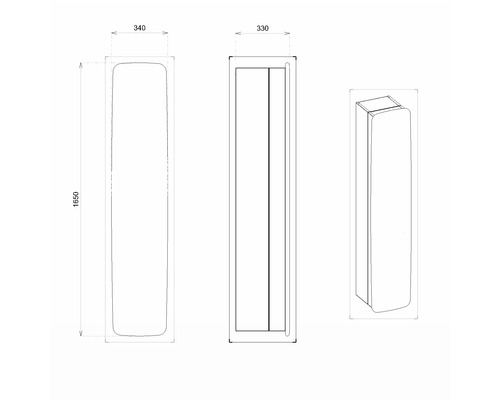 Technische Zeichnung eines Badezimmerschranks mit den Maßen 1650 x 340 x 330 Millimeter