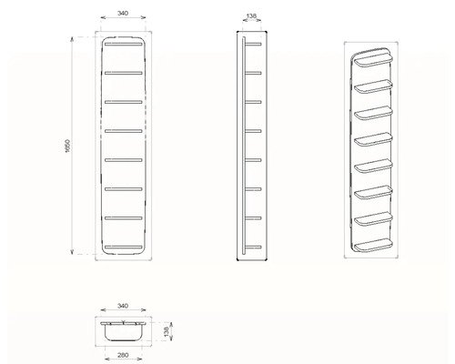 Technische Zeichnung eines Badregals mit den Maßen 1650 x 340 x 138 Millimeter.