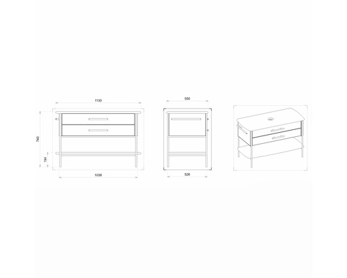 Technische Zeichnung eines Waschtischunterschranks mit Schubladen und Ablagefläche inklusive Maßangaben