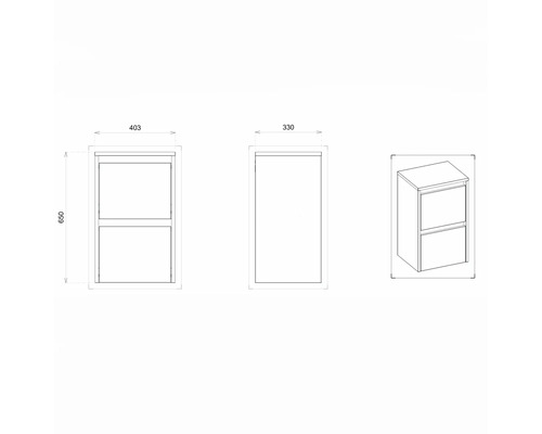 Technische Zeichnung eines Badezimmer-Unterschranks mit Maßen