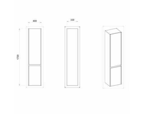 Technische Zeichnung eines Badschranks mit Höhen- und Breitenangaben