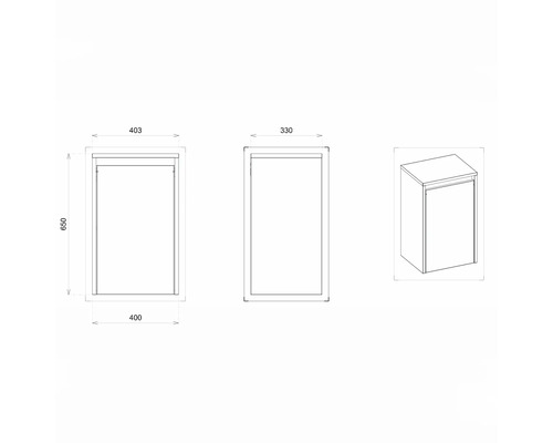 Technische Zeichnung eines Badezimmer Unterschranks mit Maßangaben
